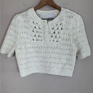 Caroline Constas Crochet Knit Short Sleeve Cropped Sweater Blouse Cream XS $259
